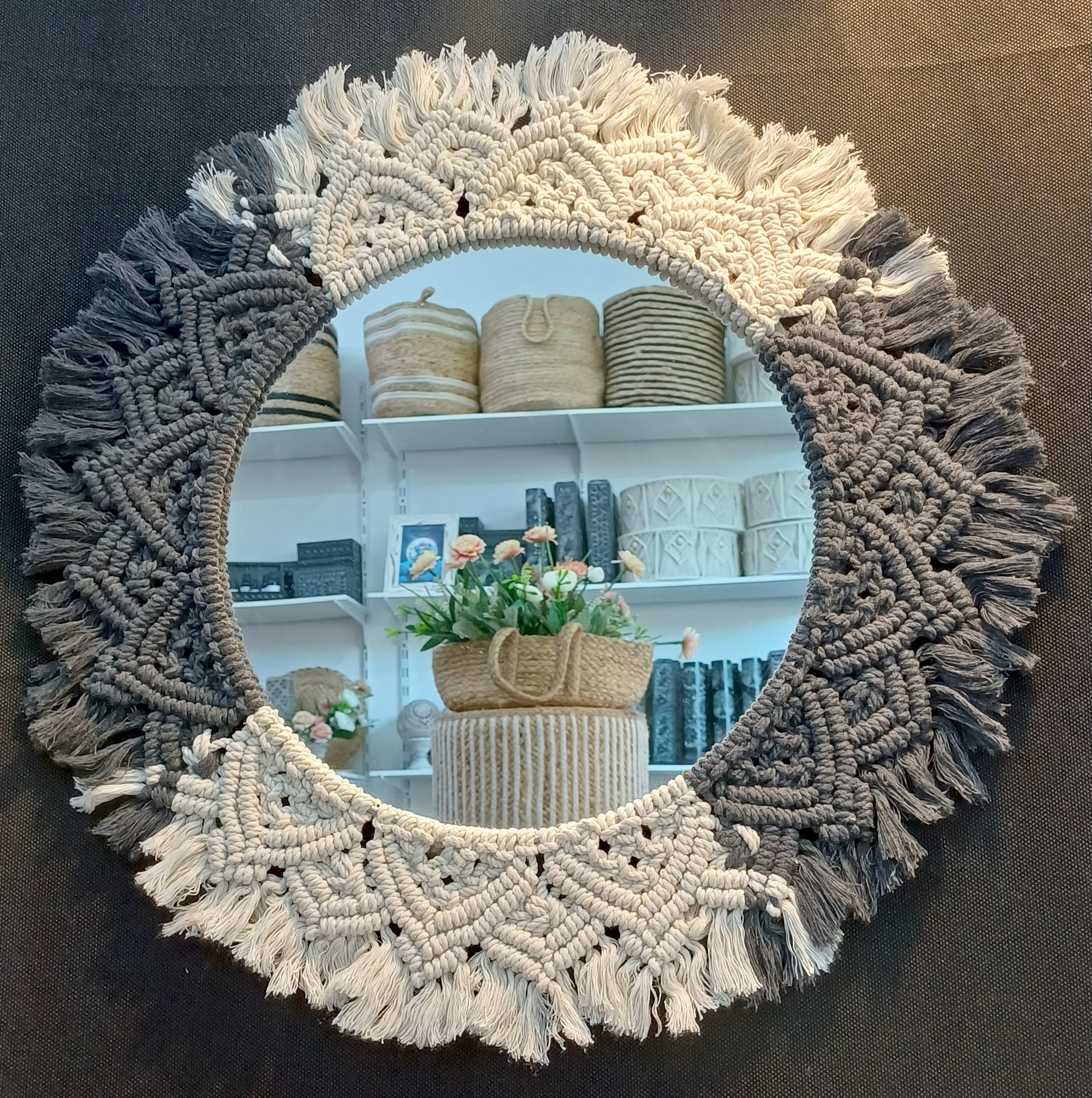 Espejo Macramé Blanco y Gris